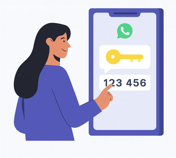 Mulher sorrindo ao usar o smartphone para ativar o WhatsApp com um número virtual.